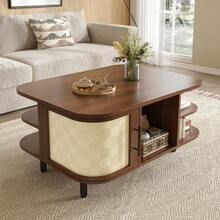 Coffee Table, Side Table, Curved Shape, Woven Surface, MDF Body, Metal Handles, Metal Legs, Storage Space, Living Room Table - 核桃 - 查看 6