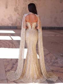 Faeriesty Elegant Strapless Mermaid Long Dress With Cape Sleeves, Beaded Embroidery, Slim Fit Party - Champagne - View 3