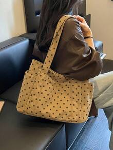 2026新款波點大容量女款單肩包，百搭通勤尼龍布料手提包，休閒腋下托特包 - 卡其色 - 查看 5