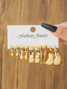 5 Pairs UV Electroplated CCB Women's Geometric Chunky C-Shaped Hoop Earrings Set, Suitable For Family, Friends, Gift-Giving And Daily Wear - Geometric Earring Set - View 4