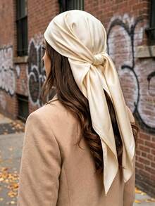 1PC Women's Fashion Solid Color 90*90 Square Scarf, Minimalist Versatile Headscarf, Solid Color Simple Design, Breathable And Not Stuffy, Unique But Not Flashy, Casual And Versatile, Travel Styling Essential, Suitable For All Seasons Bandana - Beige - View 3