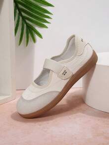 Vintage Ballet Style Mary Jane Flat Shoes, Beige & Grey Colorblock Rubber Anti-Slip Sole Slip-On Casual Sneakers - Beige - View 3