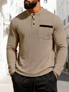 Men's Autumn 2 Pieces Set Geometric Pattern Textured Stand Collar Single Pocket Long Sleeve Pullover Sweatshirt And Solid Color Casual Long Sweatpants - Apricot - View 2