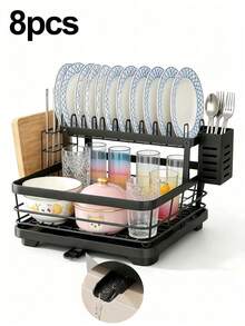 Two-Tier Multifunctional Kitchen Sink Dish Drying Storage Organizer System, Stainless Steel Dish Rack With Drain Tray, Independent Storage Zones For Plates, Cutlery, Knives And Cutting Boards, Space-Saving Large Capacity Kitchen Organizer - Black - View 9
