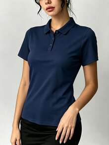 mulinsen 女款純色 Polo 領短袖襯衫，運動休閒日常夏季長袖上衣 - 藏蓝色 - 查看 6