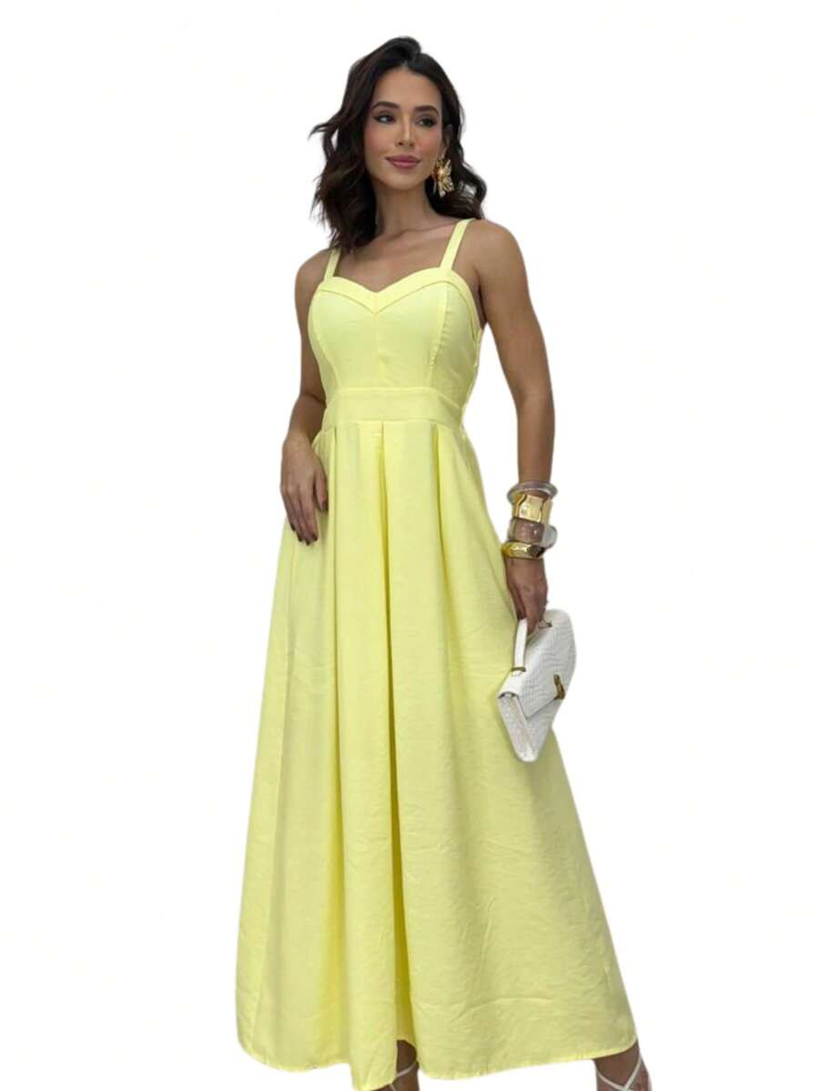 Long Dress With Adjustable Straps Lastex Waisted Fits 36 To 44 Women's Elastex Dress With Adjustable Back From 36 To 44 Comfortable Elastex Waisted Dress With Adjustable Straps - 黃色 - 查看 1