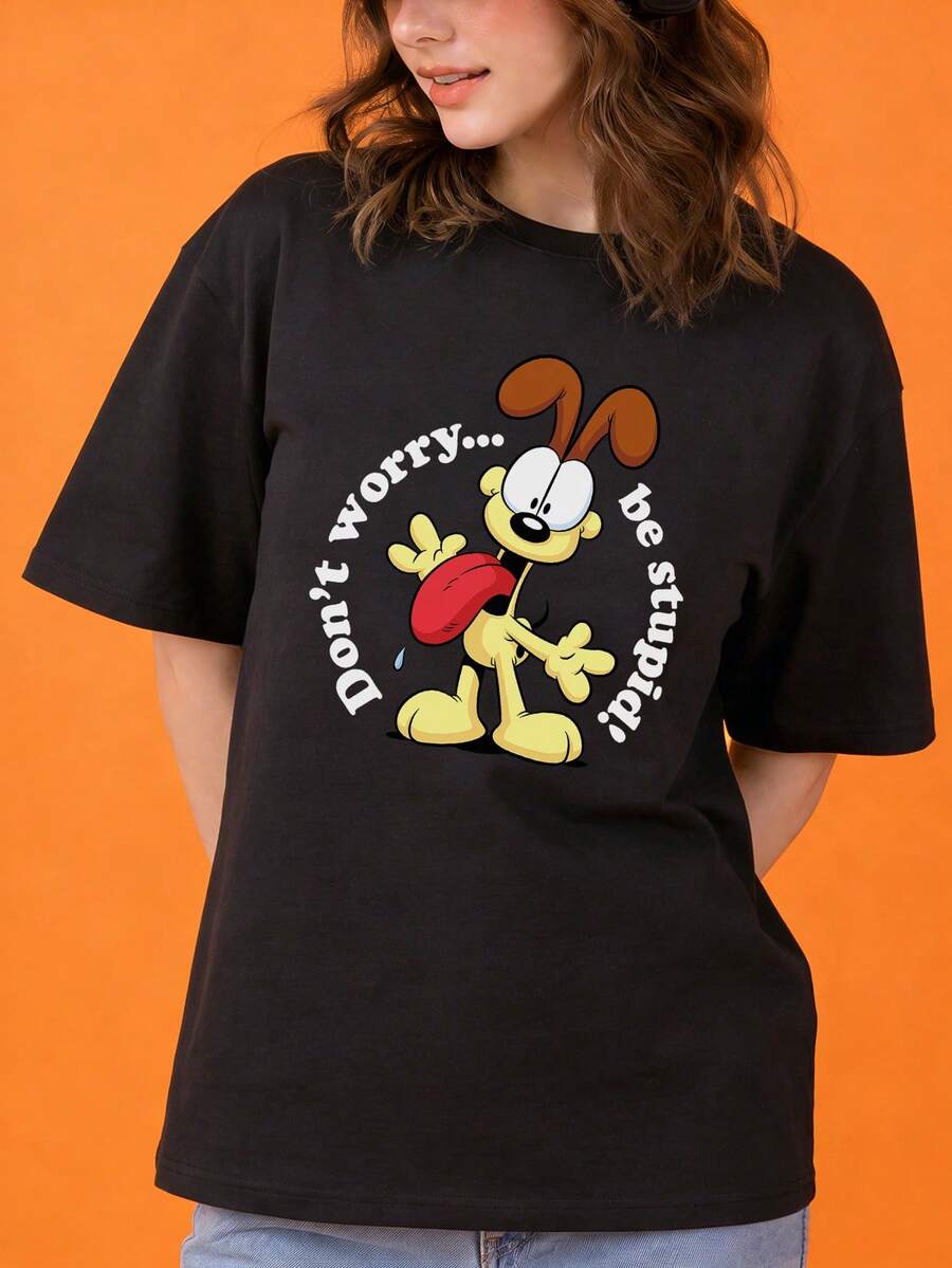 SHEIN | Garfield 黑色T卹,趣味卡通狗吐舌頭圓圈標語印花寬鬆短袖街頭休閒夏季裝 - 黑色 - 查看 1
