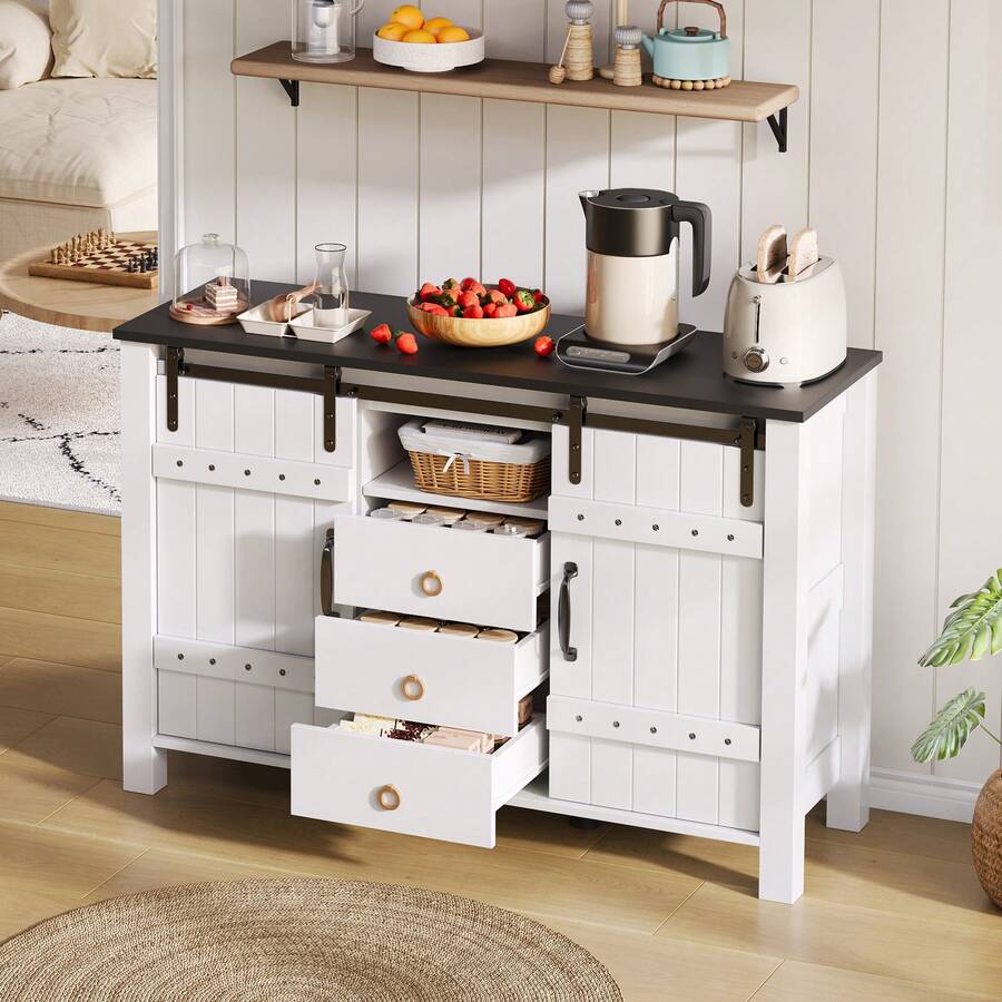 Sideboard In Classic American Country Style / Buffet Cabinet With Storage Space / With Sliding Doors And 3 Drawers / Scratch-Resistant And Easy To Clean / Suitable For Kitchen, Dining Room And Living Room / White