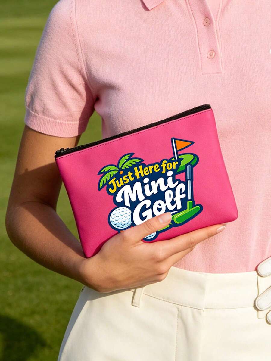 Golf Ball Theme Printed Sports Pouch, "Just Here For Mini Golf" Letter Print Storage Bag, Portable Makeup Bag, Toiletry Storage Bag, Golf Ball Essential Cartoon Print Storage Bag, Portable Makeup Bag, Fun Letter And Golf Theme Pattern, Large Capacity Storage Bag, Golf Tool Storage Bag, Suitable For Golf Course, Driving Range, Country Club - Multicolor - View 1