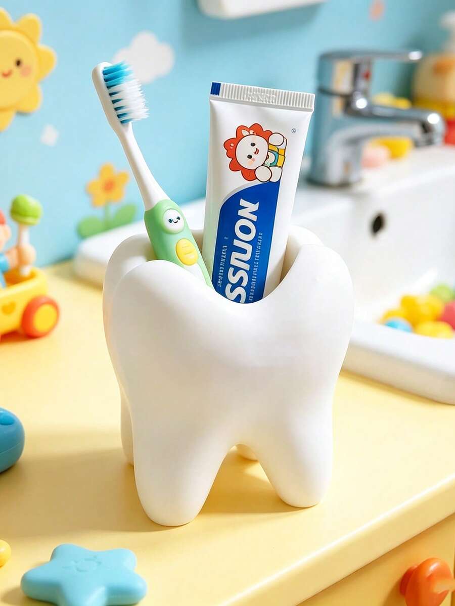 1pc Cute White Tooth-Shaped Kids Bathroom Toothbrush Holder Toothpaste Storage Organizer - White - View 1