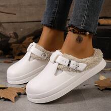 Pantuflas térmicas con forro para mujer, antideslizantes, con punta cerrada, correa ajustable con hebilla metálica, unicolor sin estampado, punta redonda, suela gruesa, estilo mule, estilo retro minimalista casual, para otoño/invierno, hogar, desplazamientos, viajes al aire libre, blancas, impermeables, de EVA con forro térmico y agujeros, suela suave engrosada y elevada, para estudiantes y mamás, uso diario versátil, pantuflas holgadas con forro térmico - Blanco - Ver 2