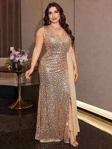 XUIBOL Plus-Size Sequined Vest Dress With A Train, Satin Flared Skirt, Elegant And Luxurious Evening Gown Formal Parties And Other Occasions. - Champagne - View 7