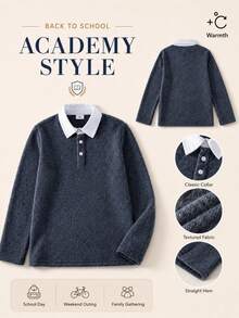 Boys' Dark Gray College Style Textured Long Sleeve Polo Shirt With White Contrast Collar Design, Suitable For Back To School, Daily Wear, Autumn/Winter - Dark Grey - View 5