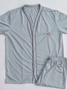 Men's Button-Down Post-Surgical Pajamas, Short Sleeves, Senior Style, High-Quality Knit Fabric - Grey - View 3