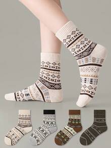 ZUJO 4 Pasang Kaos Kaki Wanita Setengah Betis, Motif Fair Isle, Cocok untuk Pemakaian Sehari-hari Musim Gugur/Musim Dingin, Sederhana dan Nyaman, Warna Acak - MultiWarna - View 1