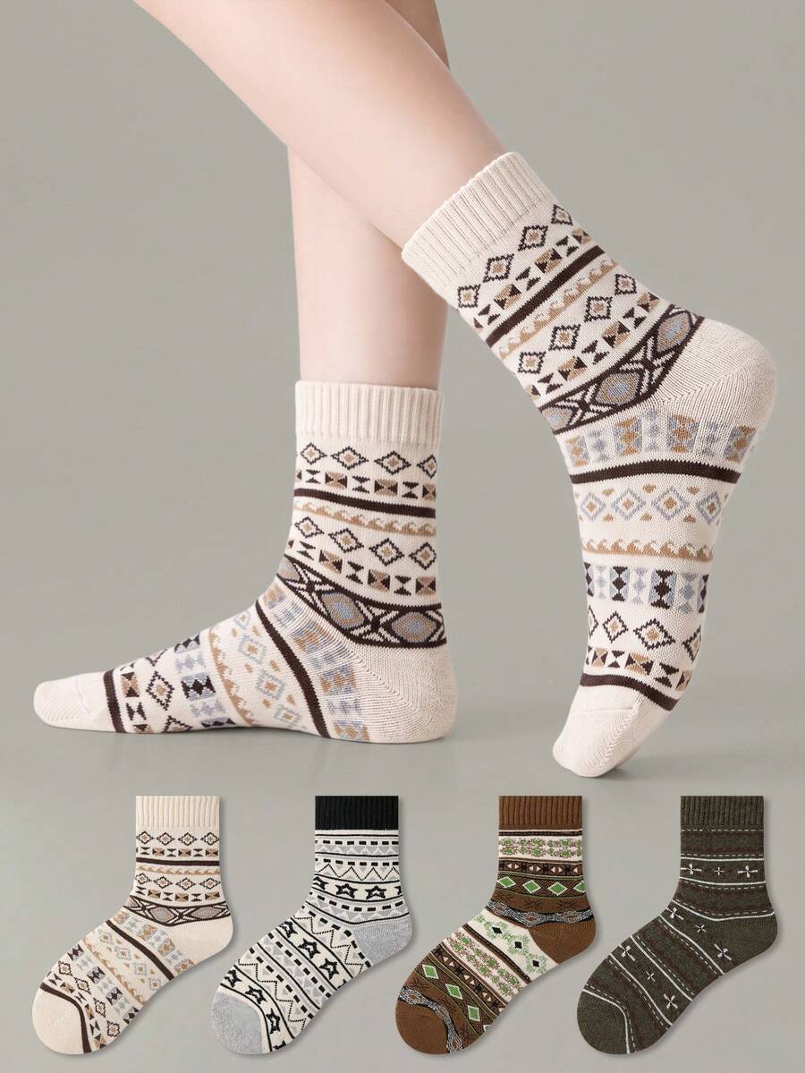 ZUJO 4 Pasang Kaos Kaki Wanita Setengah Betis, Motif Fair Isle, Cocok untuk Pemakaian Sehari-hari Musim Gugur/Musim Dingin, Sederhana dan Nyaman, Warna Acak - MultiWarna - View 1