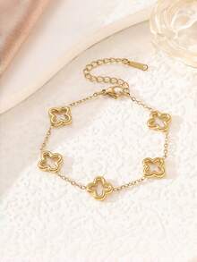 3pcs/1pc Fashion Clover Rhinestone Bracelet Set, Stainless Steel Premium Versatile Vintage Bracelet Set, Suitable For Women's Daily Wear, Holiday Gift, Waterproof And Fade-Resistant Jewelry Bracelet Combination - Gold - View 5