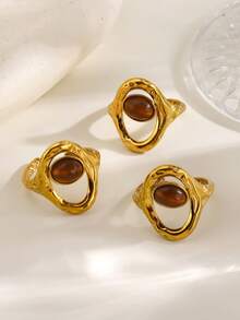 1/3PCS Stainless Steel Fashion Oval Tiger Eye Stone Ring, Suitable For Women's Daily And Party Wear - Multicolor - View 4