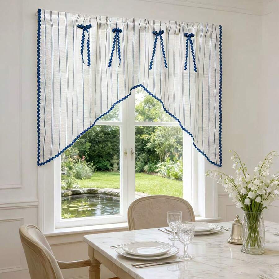1PC New Japanese Style Linen Blue Striped S-Curved Edge Designer Window Curtain, Small Kitchen Curtain, Multi-Purpose Translucent Decorative Curtain With Rod Pocket Design, Fresh Style Finished Short Curtain - Beige - View 1