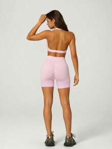 UONNOU Women's Sports Halter Backless Bra + High Waist Butt Lifting Shaping Shorts 2pcs Set, Seamless Yoga Outfit - Pink - View 6