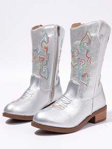 1 Pair Kids Girls Silver Mid Calf Cowboy Boots, Colorful Embroidery, Glitter Faux Leather Upper, Rubber Sole, Round Toe Western Boots For Daily Party - Silver - View 2