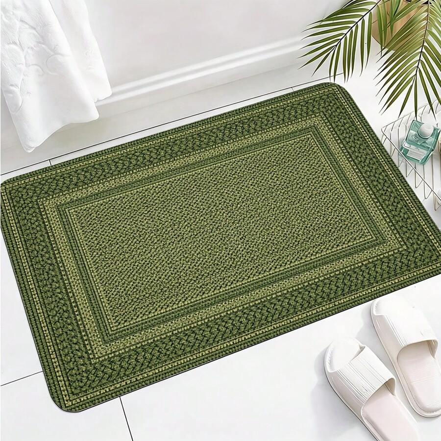 1 Peça Tapete de Porta com Padrão de Borda Multicamadas Verde, Tapete Retangular de Flanela Estilo Campestre Vintage, Detalhe de Borda com Textura Trançada, Tapete de Entrada Antiderrapante, Absorvente e Resistente a Manchas, Adequado para Banheiro, Cozinha, Porta da Frente e Uso Diário em Todas as Estações