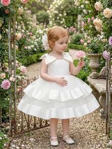 Baby Girls Sleeveless Back Bow Mesh Satin Elegant Flower Girl Dress For Party, Headband Not Included - White - View 2