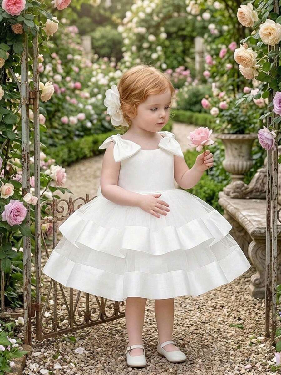 Baby Girls Sleeveless Back Bow Mesh Satin Elegant Flower Girl Dress For Party, Headband Not Included - White - View 1