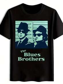 Camiseta negra de poliéster con cuello redondo para hombre, camisa de manga corta con estampado gráfico de los Blues Brothers, top ligero de verano para la playa, ropa musical lavable, ideal como regalo para los amantes del blues. - Negro - Ver 1