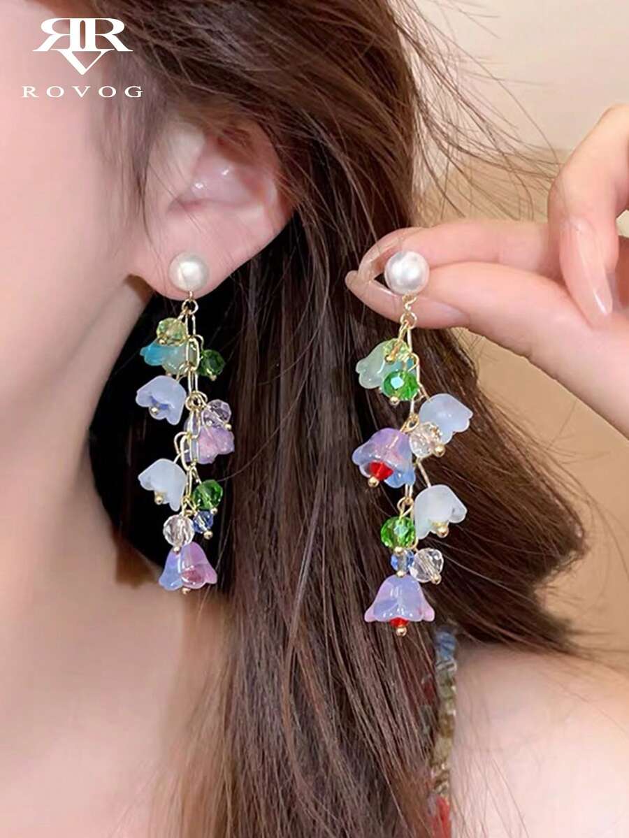 1對優雅甜美彩色花卉流蘇耳環，適合女性度假與旅行穿搭