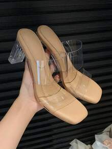 女款夏季戶外穿著透明水晶涼鞋，枕頭般柔軟觸感、厚底、大尺碼粗跟高跟拖鞋 - 棕色 - 查看 8