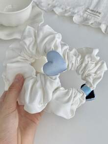 1pc Niche Design Soft Milk Blue Heart White Scrunchie, Cute New Style Hair Tie For Girls - Multicolor - View 6