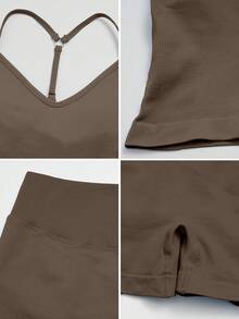 NcmRyu Conjunto deportivo de mujer de un solo color con espalda en Y, hebilla de metal ajustable, tirantes de espagueti, shorts de cintura alta acanalados - Café integral - Ver 4