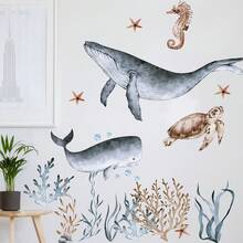 Grande adesivo decorativo da parete stile acquerello con balena e tartaruga marina, animali sottomarini, per intera parete - 30*90 cm 4 pezzi - Visualizzare 4