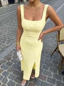 3D Polka Dot Textured Sexy Women's Dress, Summer French Pastoral Elegant Slit Women's Dress Yellow - Yellow - View 7