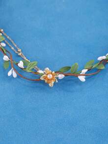 KOVLYNE 1 pièce Serre-tête de mariée bohème avec vigne fleurie, couronne florale avec chaîne dorée et perles avec nœud en ruban, accessoire de cheveux romantique pour mariage & festival pour femmes - Vert - Voir 3