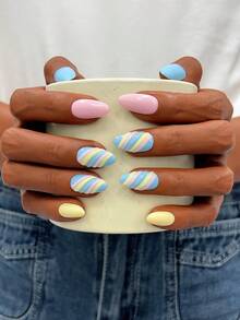 10pcs/Set Y2K Nails Handmade, Blue Nails, Yellow Nails, 3D Blue And Yellow Stripe Nails, Perfect For Parties & Daily Wear. Short Almond Nails. Handmade Press On Nails Almond, Fake Nails, Acrylic Nails, Short Nails, Dopamine Nails, Summer Nails - Multicolor - View 2