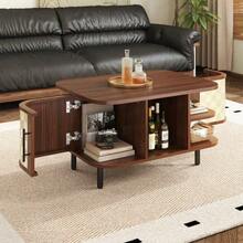 Coffee Table, Side Table, Curved Shape, Woven Surface, MDF Body, Metal Handles, Metal Legs, Storage Space, Living Room Table - 核桃 - 查看 7