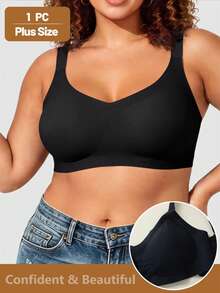 QUASTI 1-Piece Women's Plus Size Bra Without Wire Cups. Full-Cup Design That Cups And Lifts The Breasts. Wide Straps For Comfortable Wear. - Black - View 1