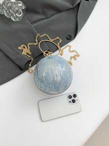 Round Spherical Clutch Bag, Sequin Wavy Pattern, Rhinestone Ring Handle, Detachable Chain Shoulder Strap, Crossbody & Handheld, Suitable For Party, Ball, Wedding, Summer Women - Baby Blue - View 6