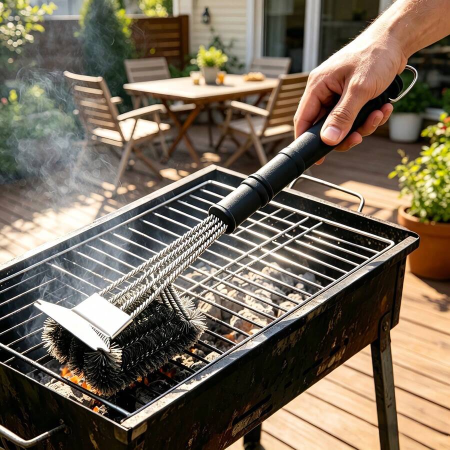 附刮板烤爐清潔刷，重型鋼絲刷毛一體式 BBQ 清潔工具，適用於瓦斯烤爐與木炭烤爐