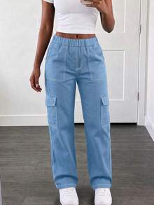 1pc Girls' Teenager Back To School Versatile Fashion Minimalist Retro Cargo Pants With Large Pockets - Blue - View 5