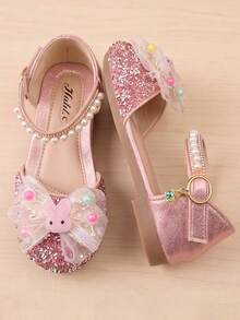 Summer New 3-12 Years Old Children's Sandals, Pink Glitter Rabbit Design, Pink Silver Sequin Colorful Bead Bow Pearl Strap, Elegant And Cute - Pink - View 6