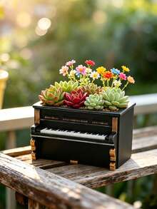 1PC Vintage Piano Shaped Succulent Planter Creative Resin Desktop Micro Landscape Potted Plant Balcony Windowsill Greenery Decoration Artistic Girl Desktop Ornament Birthday Gift - Piano Flower Pot - View 7