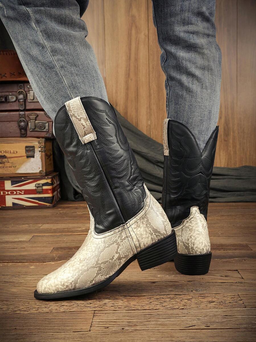 Mioeert Men's Cowboy Boots | Classic Embroidered Western Boots | Pointed-Toe Chunky-Heel Ankle Boots , Stylish, Retro Ankle Boots - Black - View 1