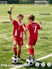 2pcs/Set Personalized Allover Print Football Outfit For Boys, Custom Name & Number/Club Logo Design, Sports Player Jersey, Children Sports Set, Girls Sports Set, 2pcs Boys Football Uniform Set, Custom Name & Idol Design, Short Sleeve & Shorts Set, Suitable For Boys/Girls Sports, Cycling, Outdoor Running, Soccer, Celebrity Same Style Uniform - 紅色 - 查看 3