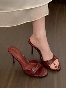 Summer New Pointed Toe High Heel Shoes With Single Strap Thin Heel Half-Slingback Sandals For Women, Black Versatile Minimalist - Burgundy - View 2