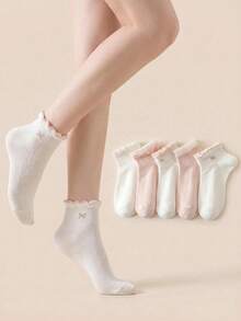 5 Pairs Sweet Pink Ruffle Trim Women's Short Socks, Cute Bowknot Casual Socks, Comfortable And Soft, Suitable For Spring And Daily Wear - Multicolor - View 3