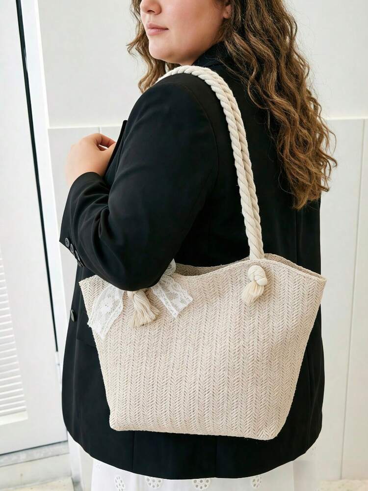 Summer Beach Vacation Stylish Large Capacity Straw Tote Bag, Fashionable Casual Shoulder Bag ,Holiday - Beige - View 4
