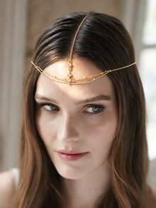 1pc New Double Layer Forehead Chain, Niche Design, Vintage Bohemian Style Bridal Headpiece, Vacation Vibe Versatile Hair Accessory - Gold - View 1